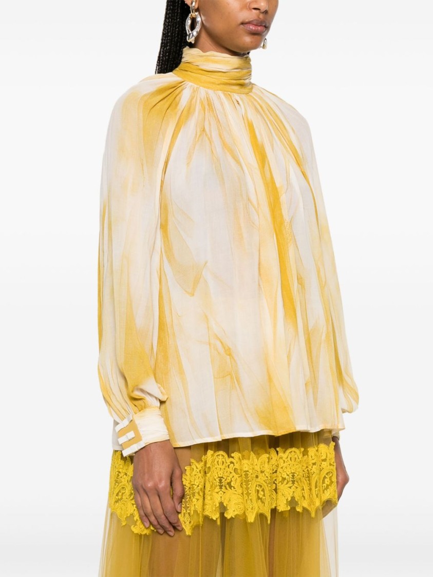 Elisabetta Franchi White And Mustard Yellow Blouse With Mock Neck