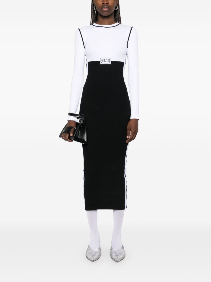 Jean Paul Gaultier Striking Black And White Color-block Midi Dress In Black