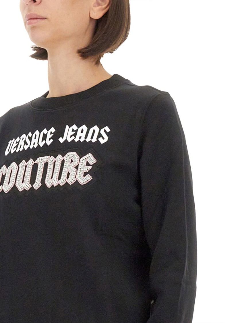 Shop Versace Jeans Couture Crew Neck Black Sweatshirt With Bold Logo