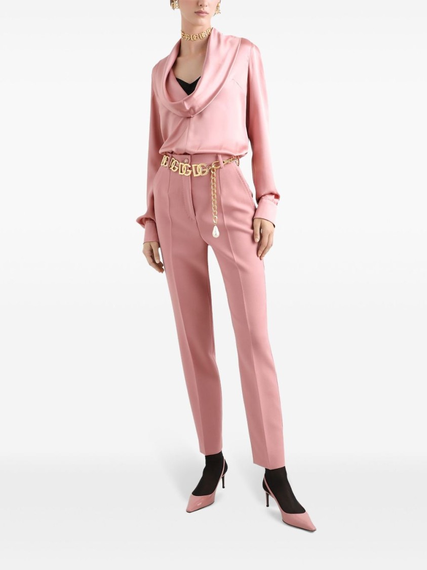 Shop Dolce & Gabbana Draped Cowl Neck Silk Blouse In Pink