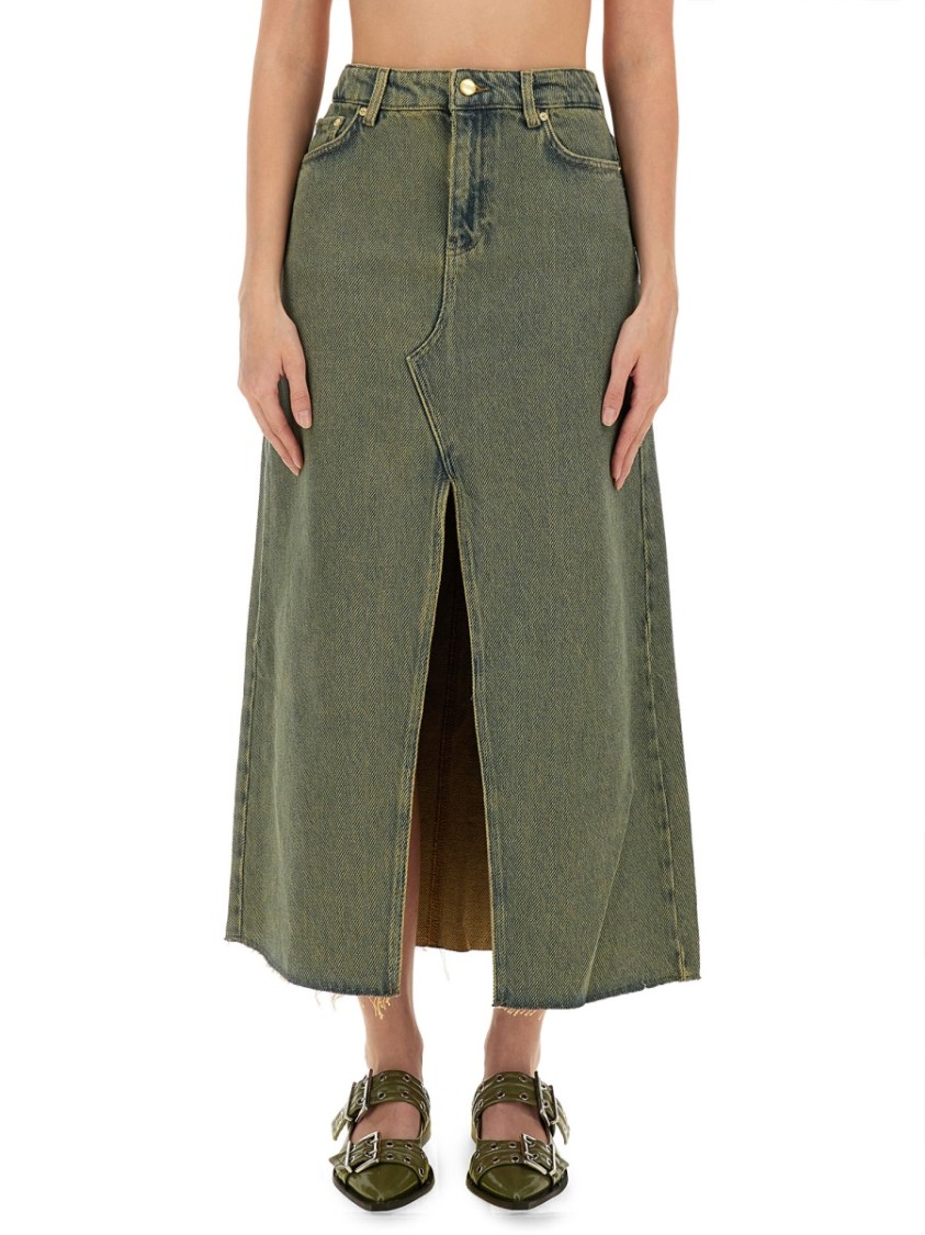Ganni Maxi Grey Skirts With Slit At The Front In Denim Woman In Blue