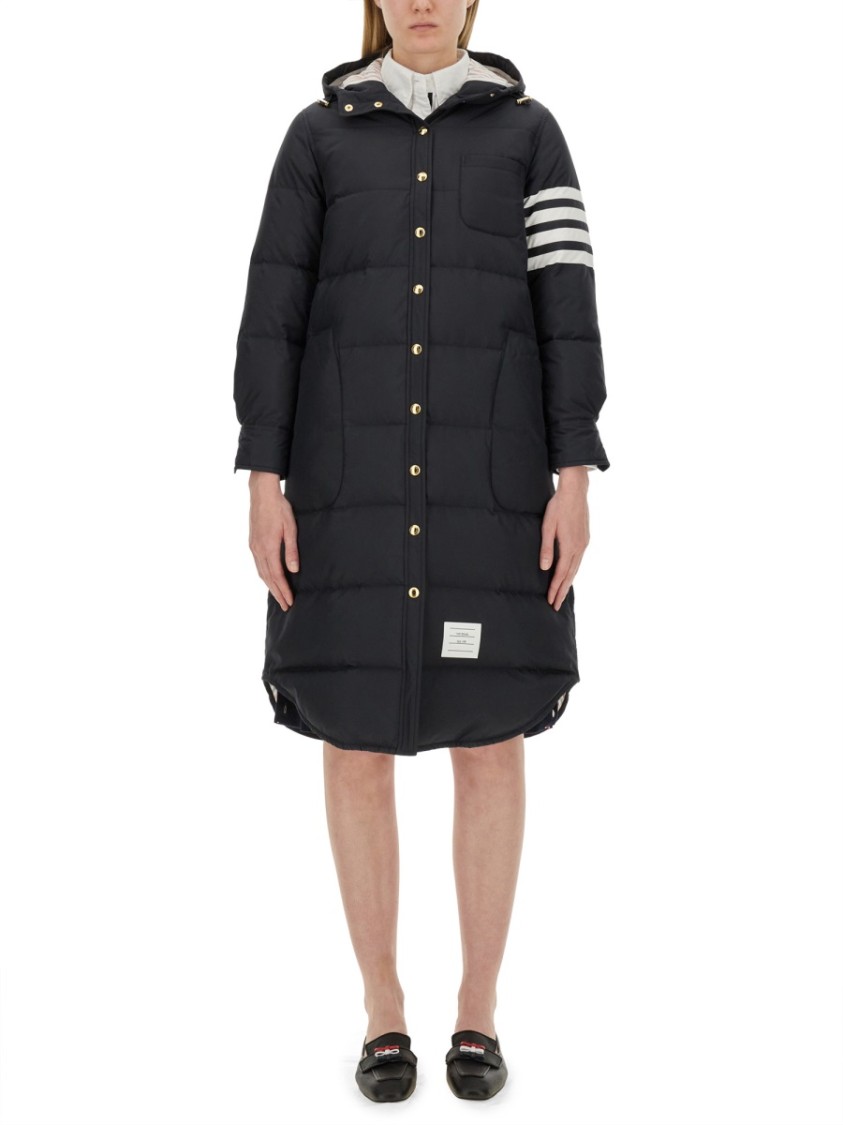 Thom Browne Quilted Long Puffer Jacket With Hood In Black