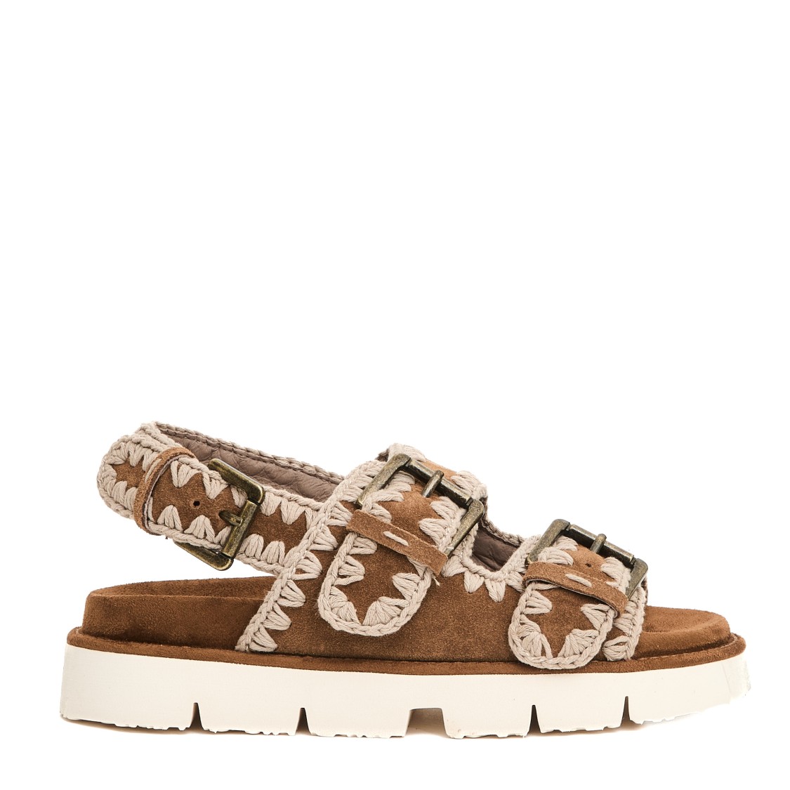 MOU MOU DOUBLE BUCKLE SUEDE SANDALS WITH CONTRASTING STITCHING