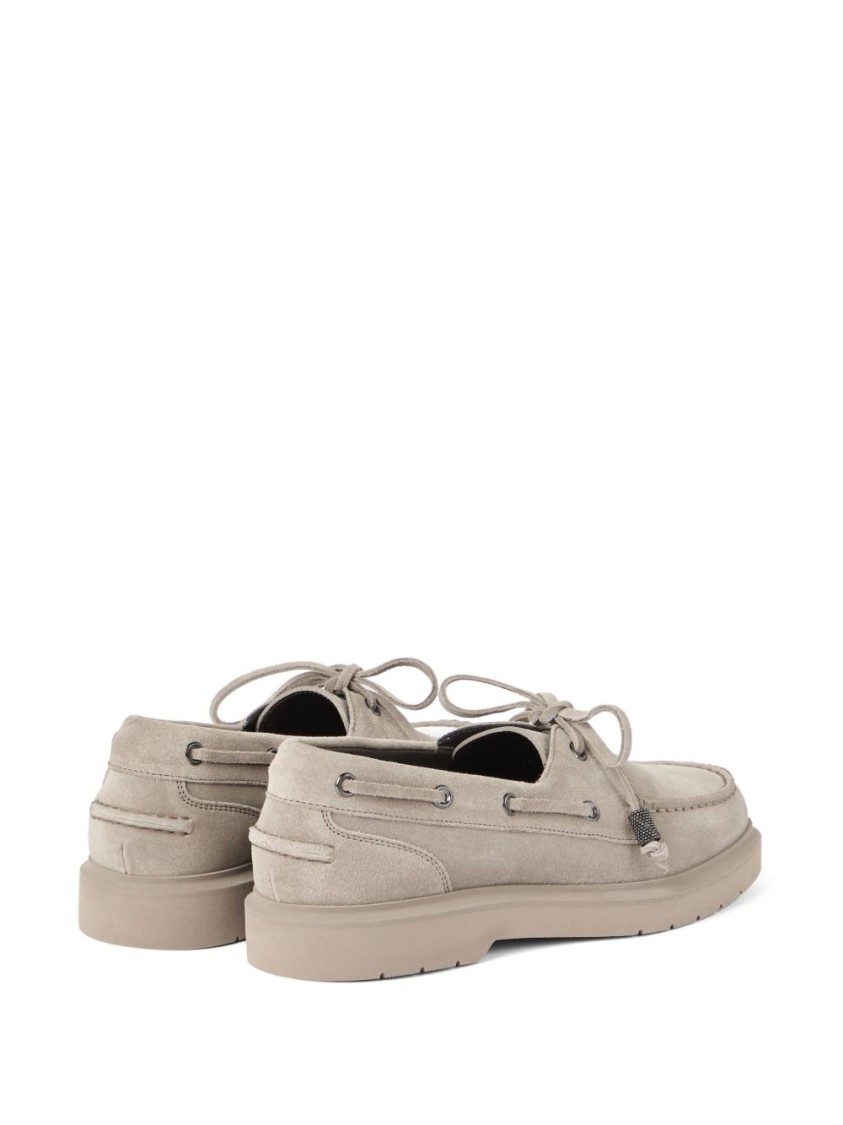 Brunello Cucinelli Soft Suede Grey Loafers With Lace-up Detail In Gray