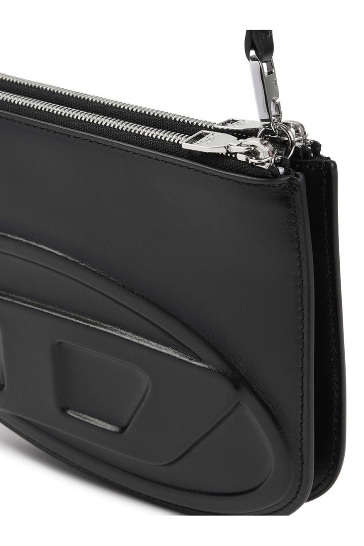 Diesel Embossed Leather Shoulder Bag With Zip Closure In Black
