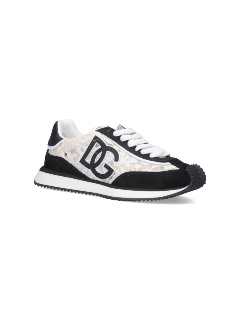 Dolce & Gabbana Black And White Low Top With Lace Details And Dg Patch On The Side In Black