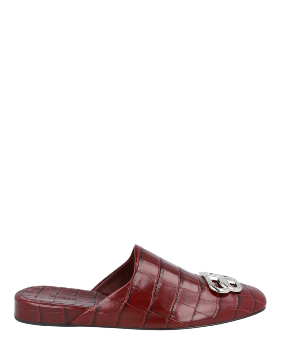 Balenciaga Croc Embossed Leather Cosy Bb Mule In Burgundy