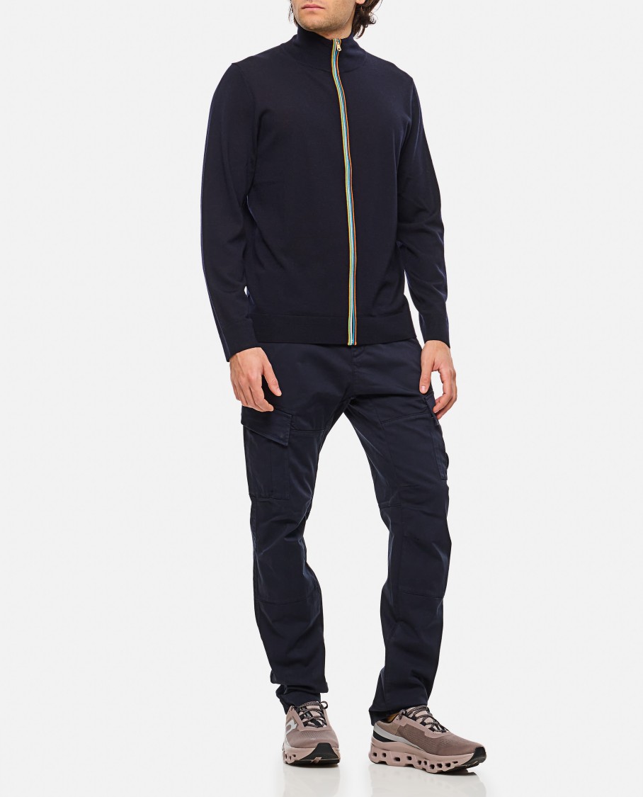 Shop Paul Smith Navy Washable Merino Wool 'signature Stripe' Zip Cardigan In Blue