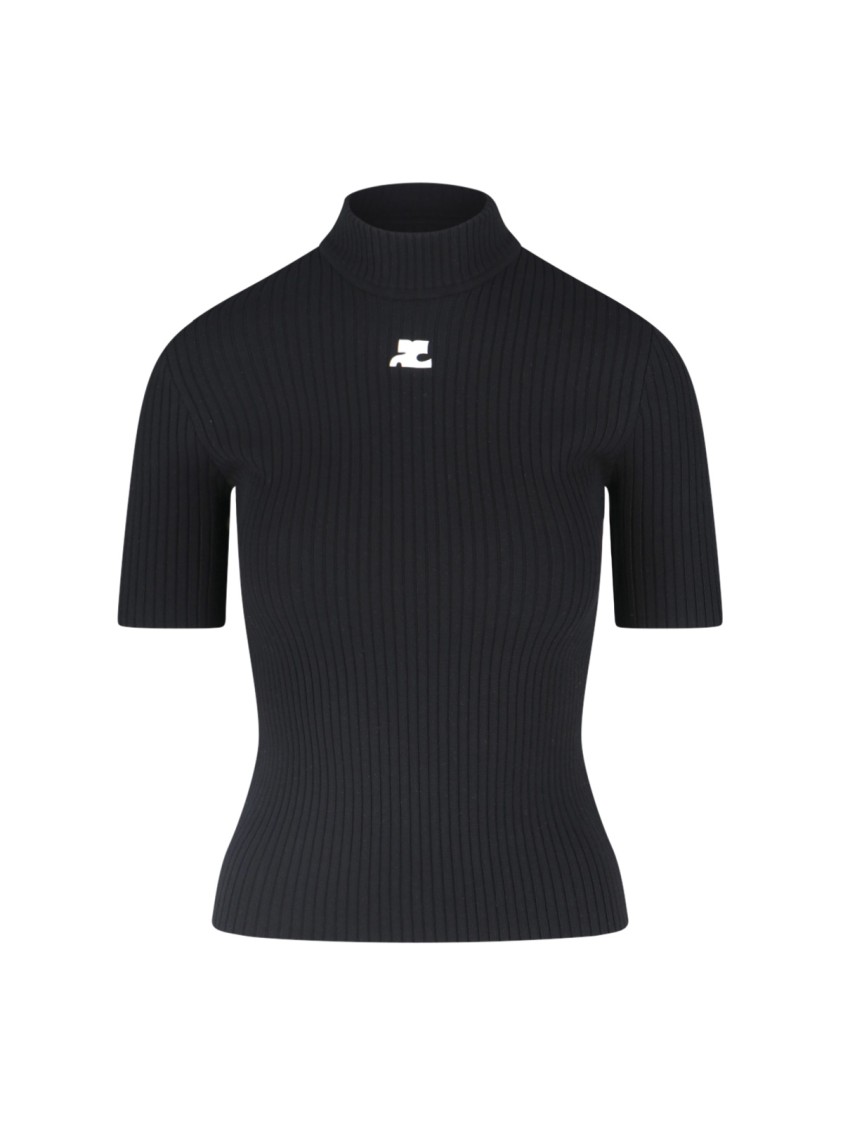 Courrèges Reedition Short Sleeves Rib Knit Sweater In Black