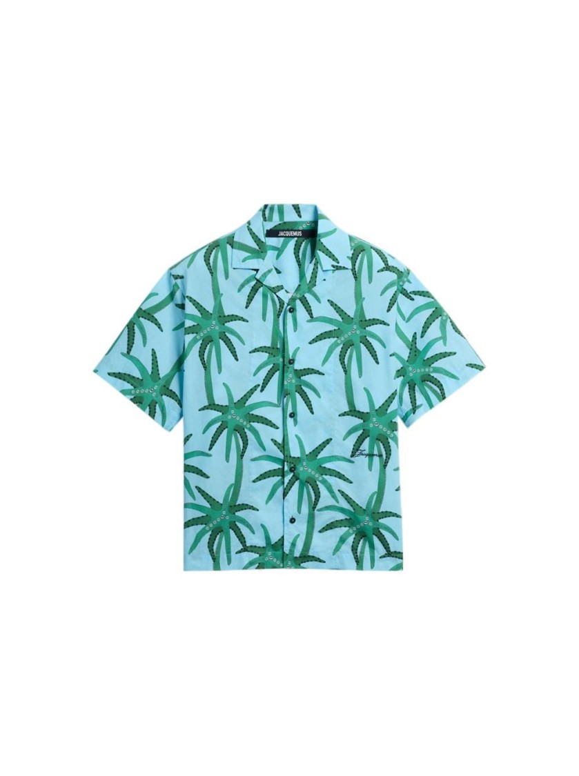 Jacquemus 'la Chemise Jean' Light Blue Shirt With Notched Collar And All-over Palm Tree Print