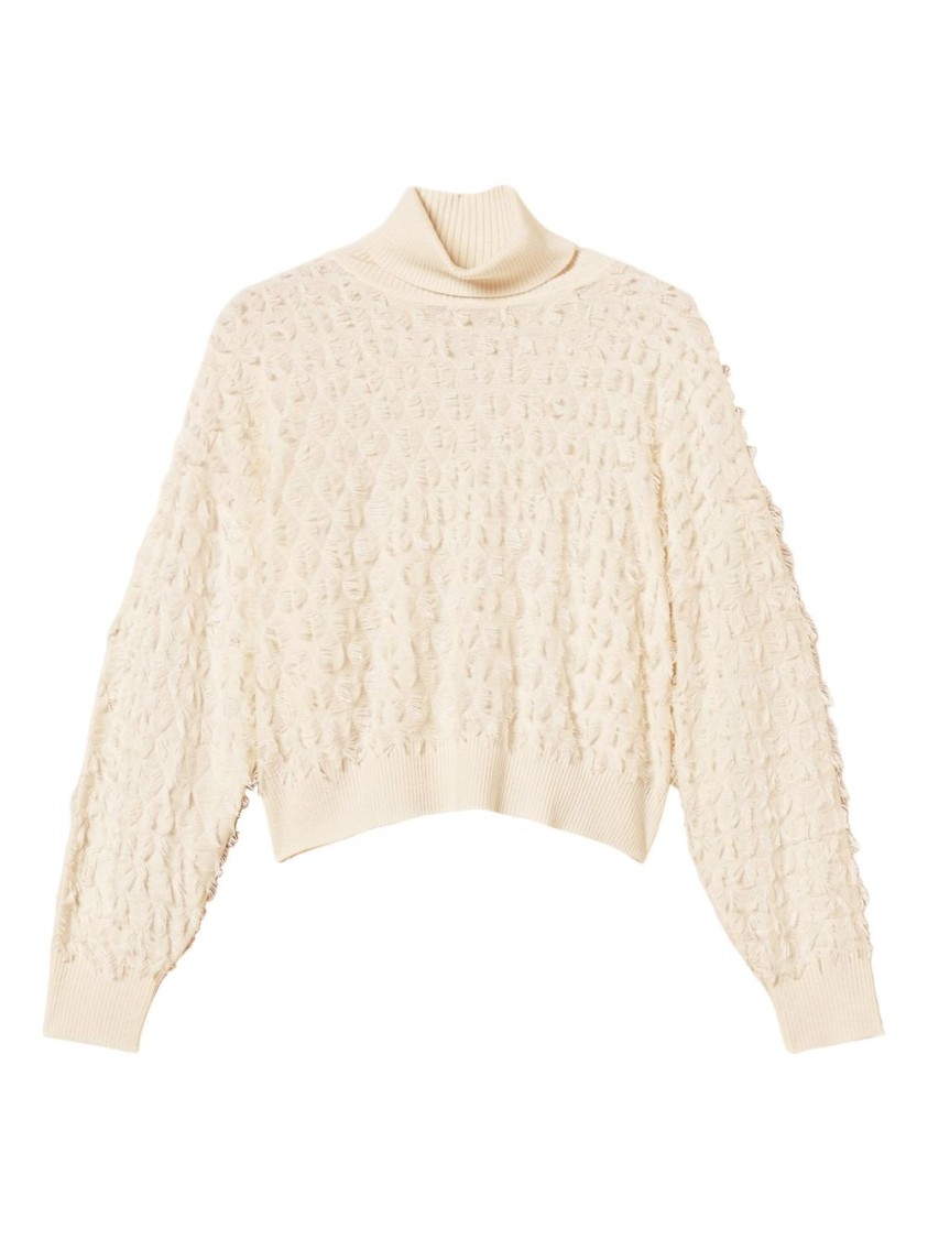 Twinset Twin-set Textured Knit Sweater With High Neckline And Oversized Sleeves In Neutral