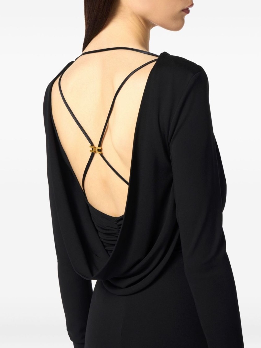 Elisabetta Franchi Draped Black Maxi Dress With Deep Neckline In Black