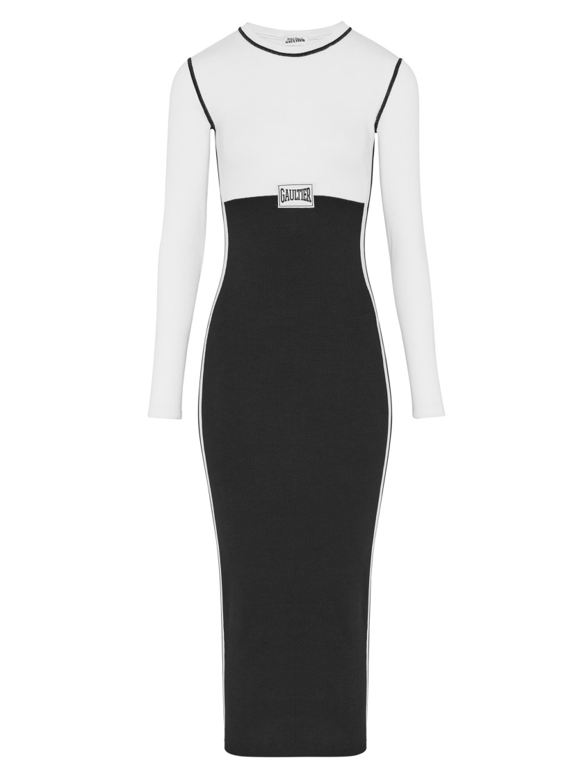 Jean Paul Gaultier Striking Black And White Color-block Midi Dress In Black
