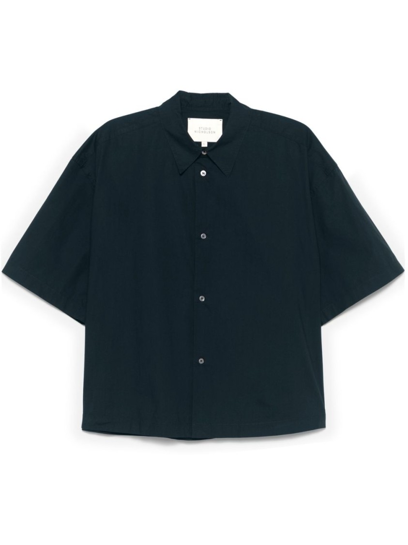 Studio Nicholson Relaxed Fit Navy Blue Short Sleeve Shirt In Black