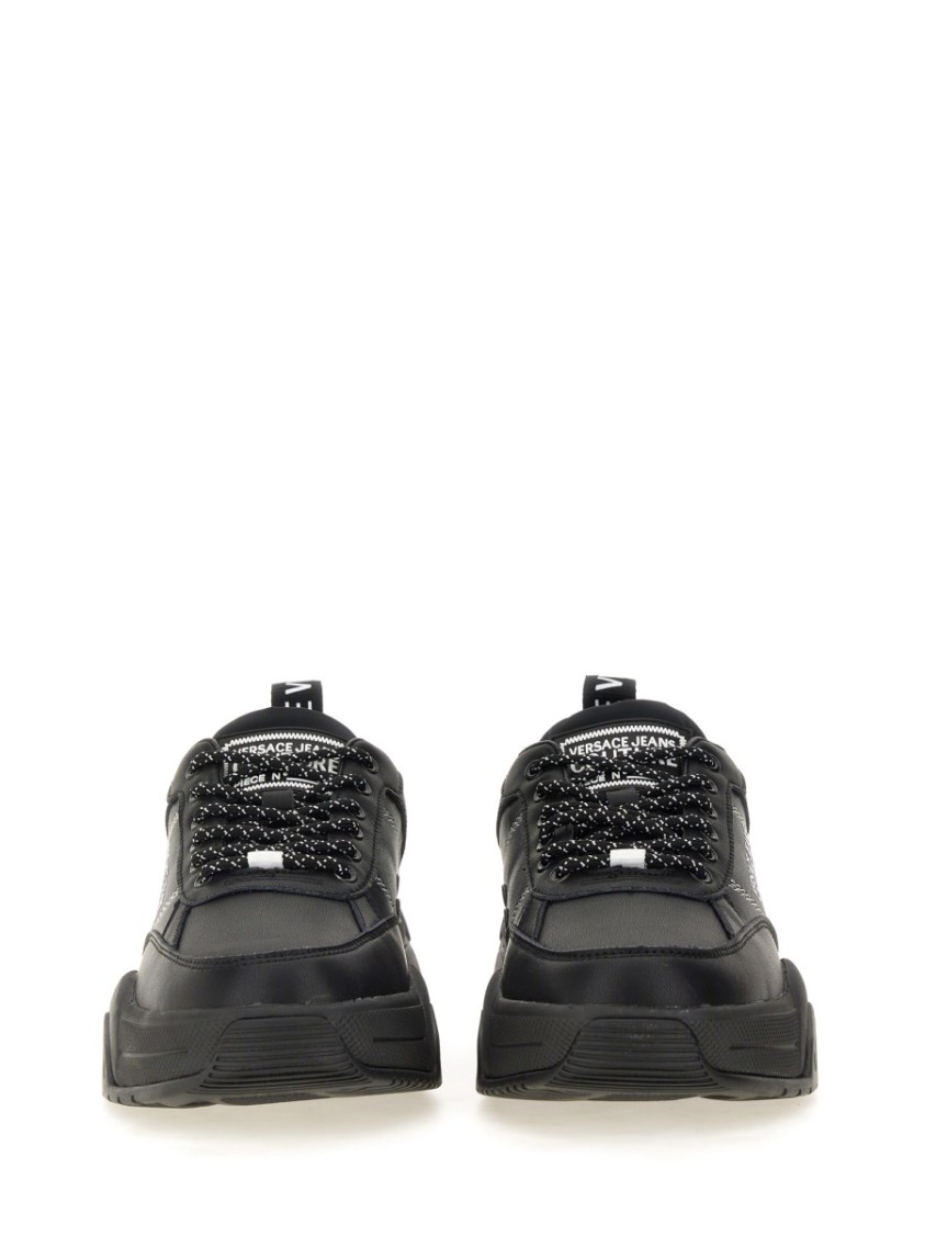 Shop Versace Jeans Couture Chunky Black Sneakers With Prominent Logo And Laces