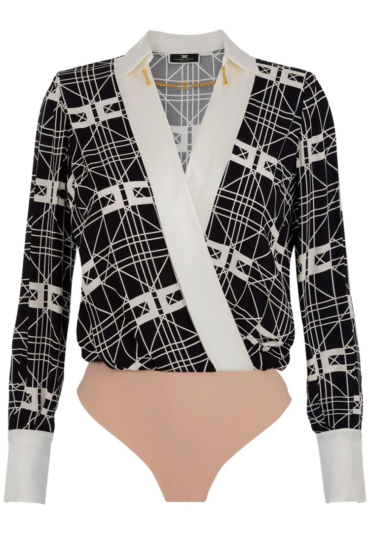 【★完売必至★】ELISABETTA FRANCHI ☆ ドットボディシャツ Bodysuit-style shirt in georgette fabric with pearl