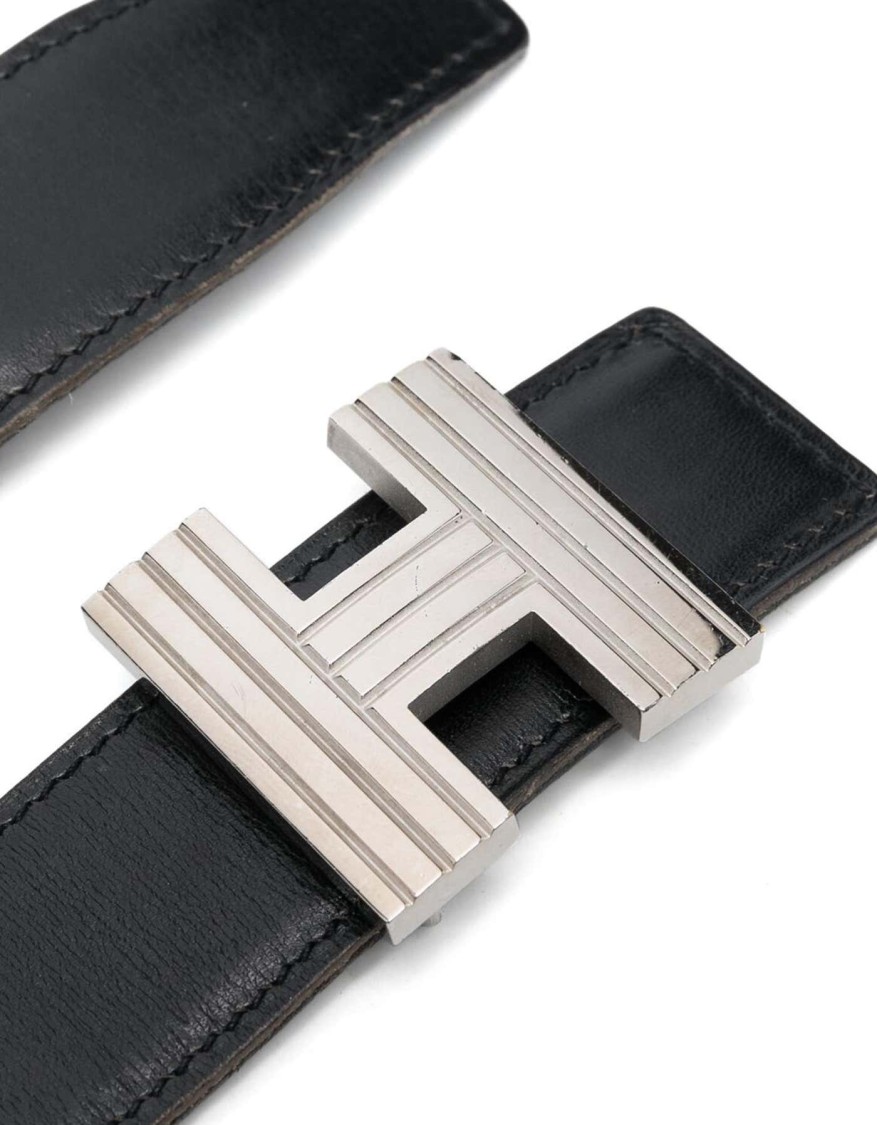 Pre-owned Hermes Hermès Reversible Leather Constance H Belt In Black