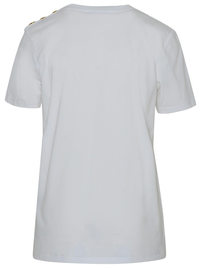 Balmain White Crewneck T-shirt With Logo Print And Golden Buttons In Jersey Woman In White