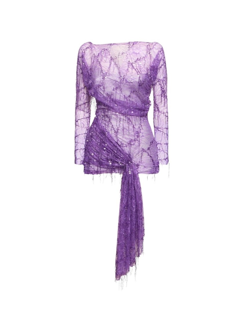 Christopher Esber Encased Beaded Ivy Lace Long Sleeve Mini Dress Grape In Purple