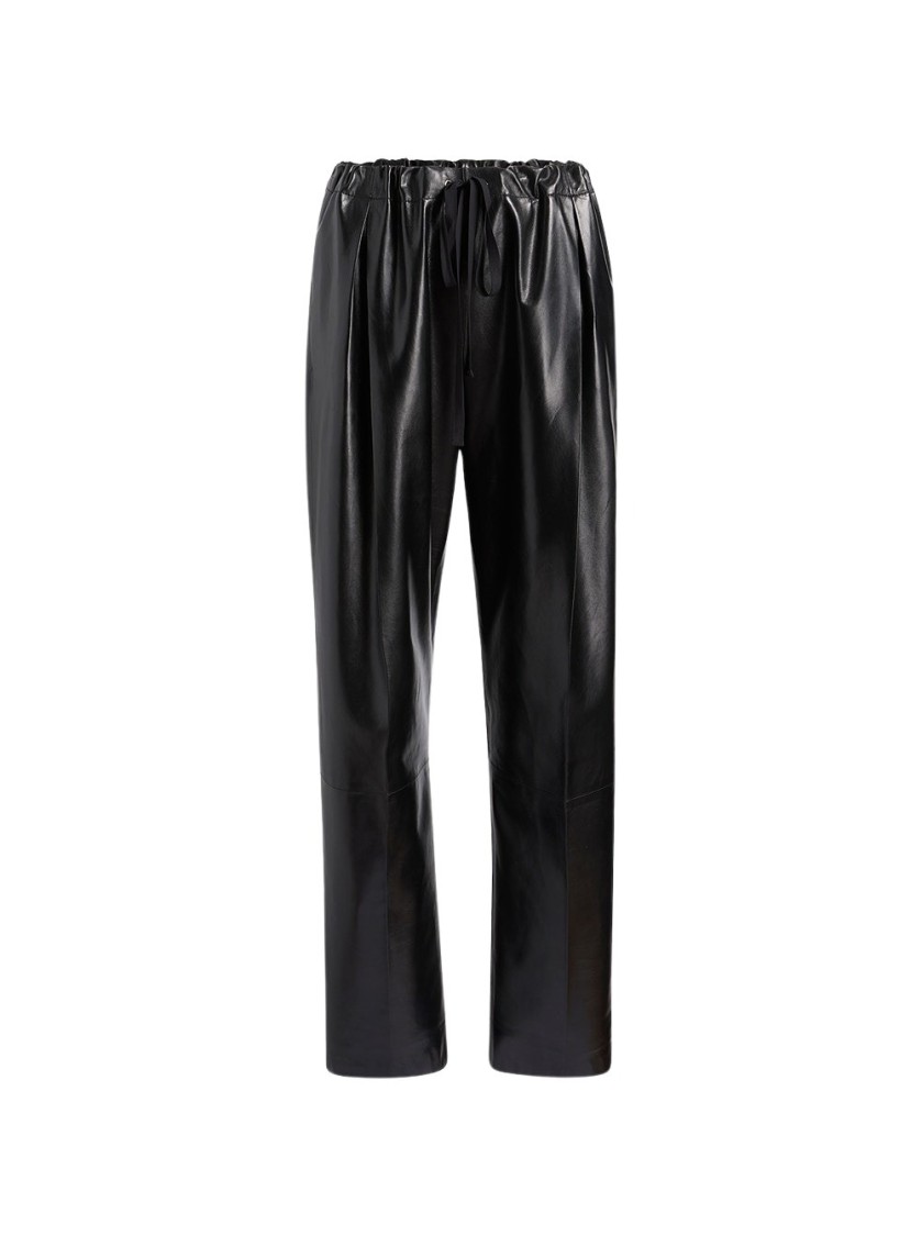 Khaite Trenton Straight Drawstring Leather Pants In Black