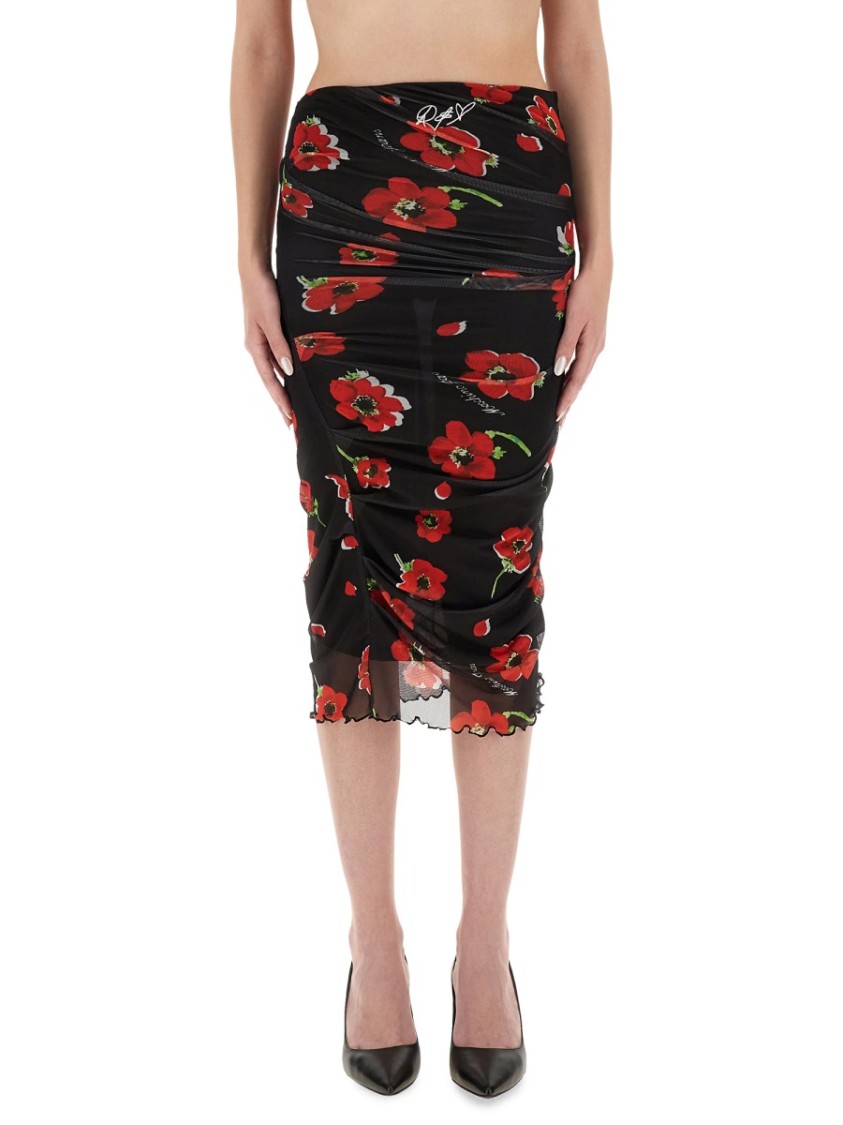 Moschino Scalloped Hem Floral Mesh Midi Skirt In Multi