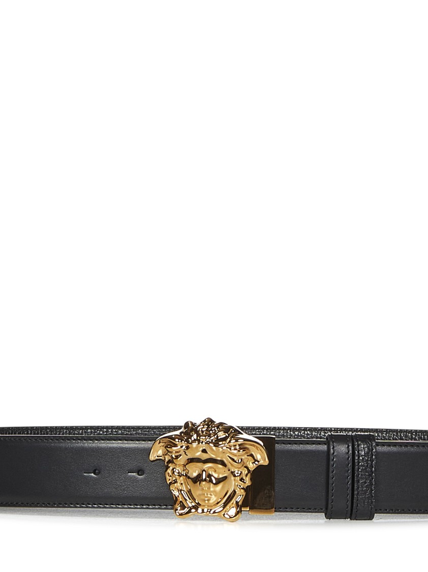 Shop Versace Reversible Leather Belt With Medusa Buckle In Black