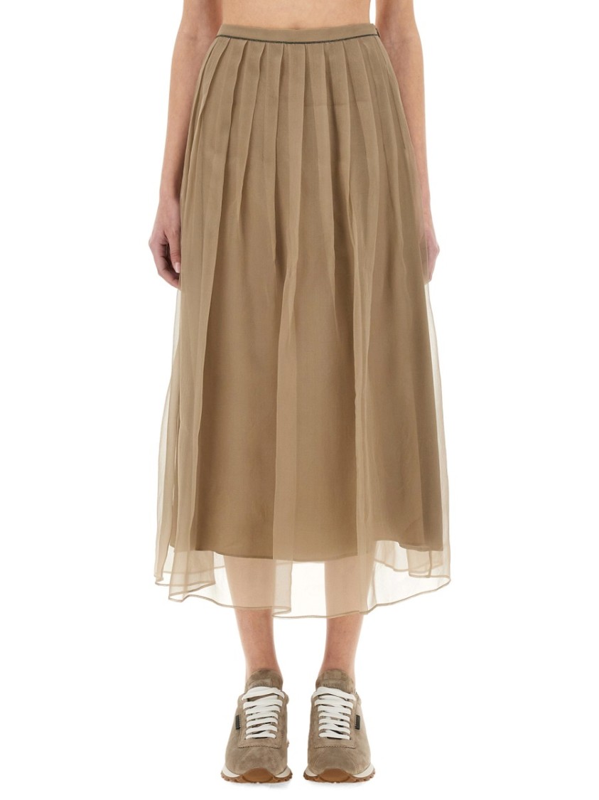 Shop Brunello Cucinelli Silk Pleated Midi Skirt In Neutrals