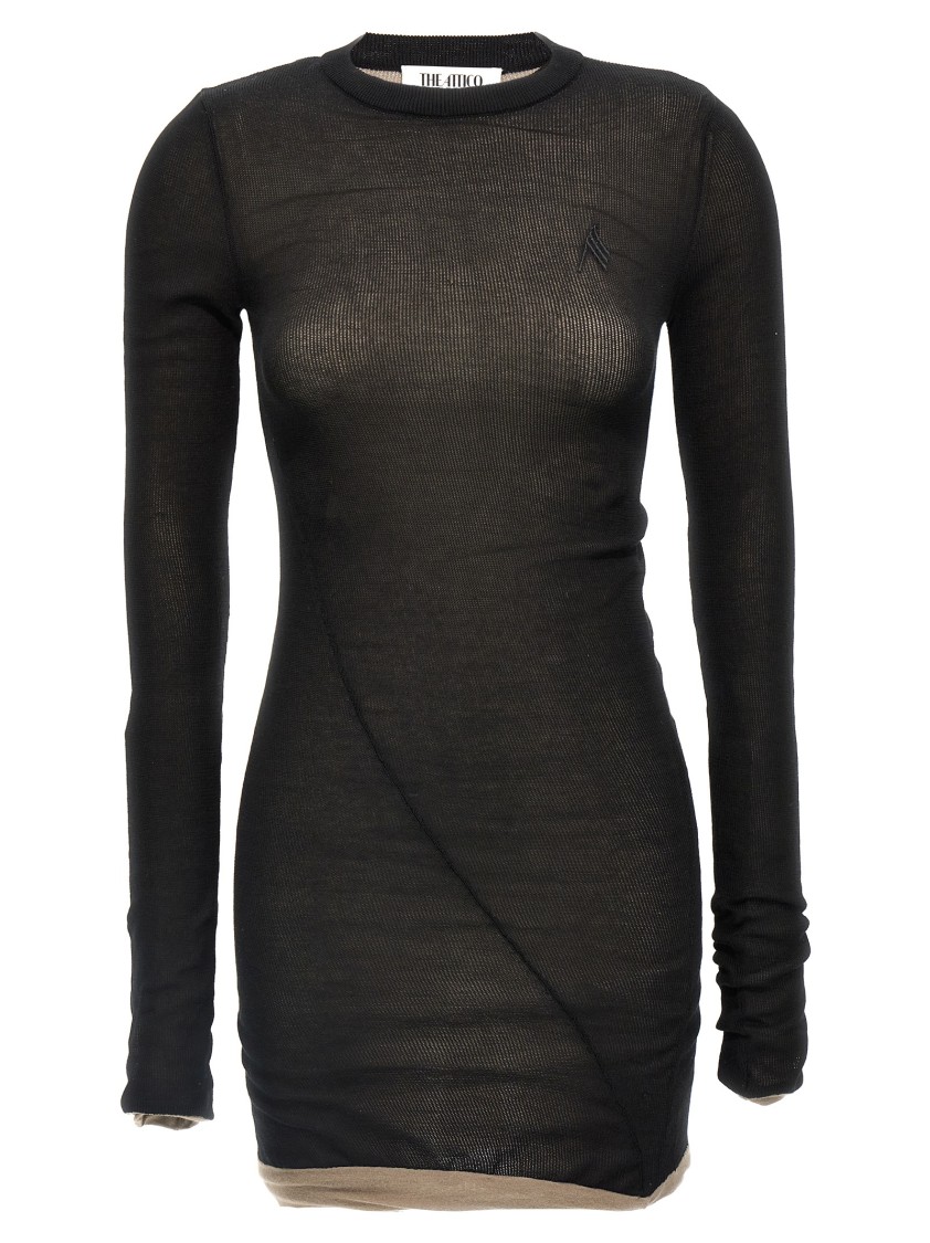Attico The Two-material Knit Mini Dress With Asymmetrical Hemline