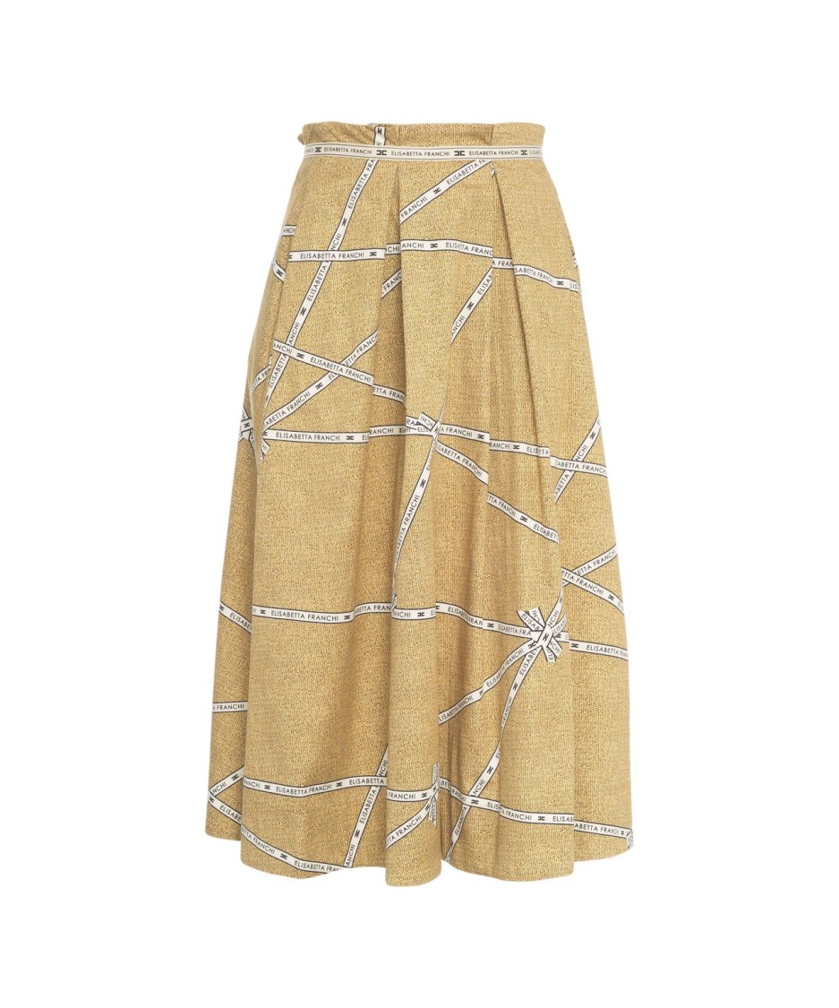 Elisabetta Franchi Pleated Midi Skirt With Wide Belted Waist In Neutrals