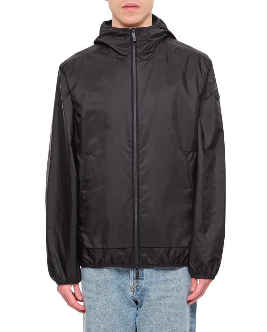 Shop Moncler Black Hooded Jacket With Zipper Closure