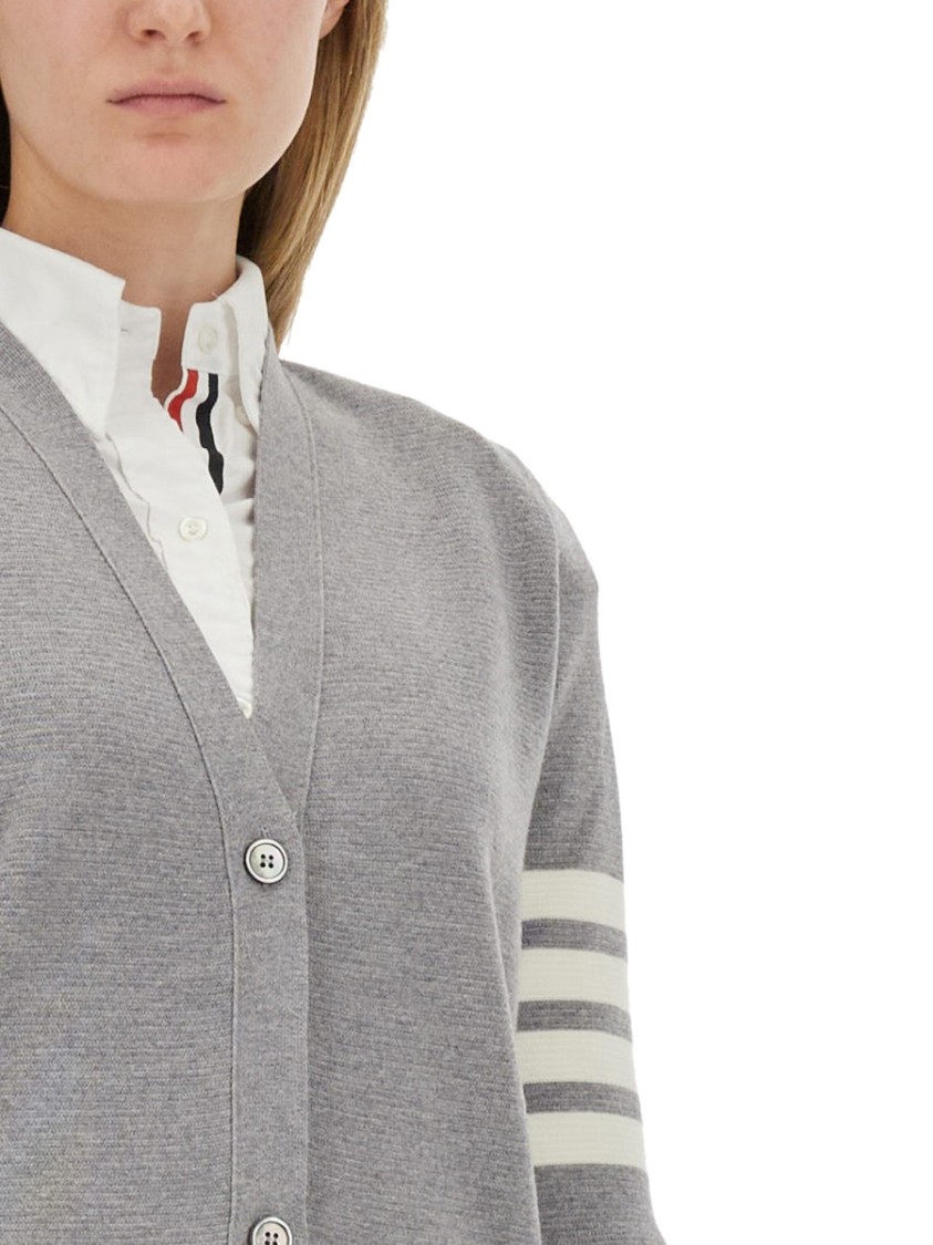 Shop Thom Browne Virgn Wool Cardigan Dress With Sporty Stripe Detail