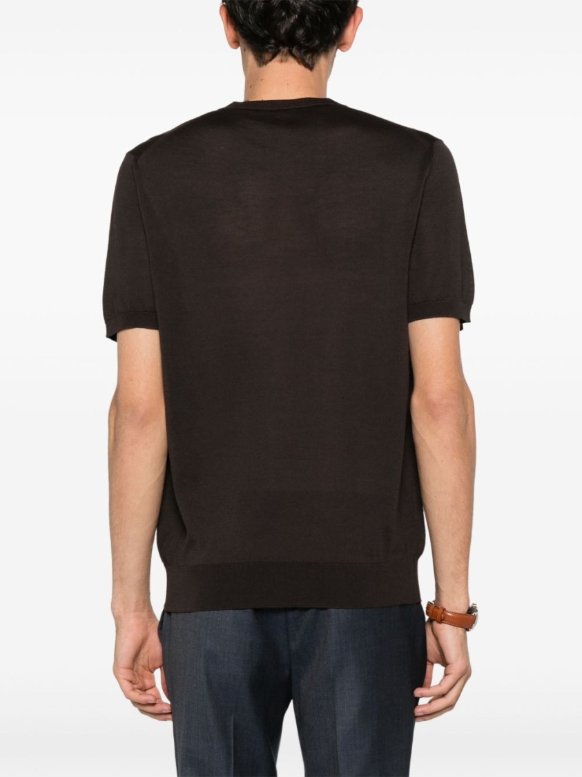 Corneliani Short-sleeved Silk Knitwear Top With Crew Neckline In Black