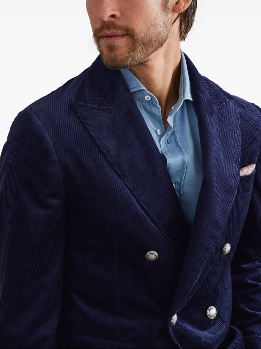 Brunello Cucinelli Corduroy Double-breasted Jacket Peak Lapels In Blue