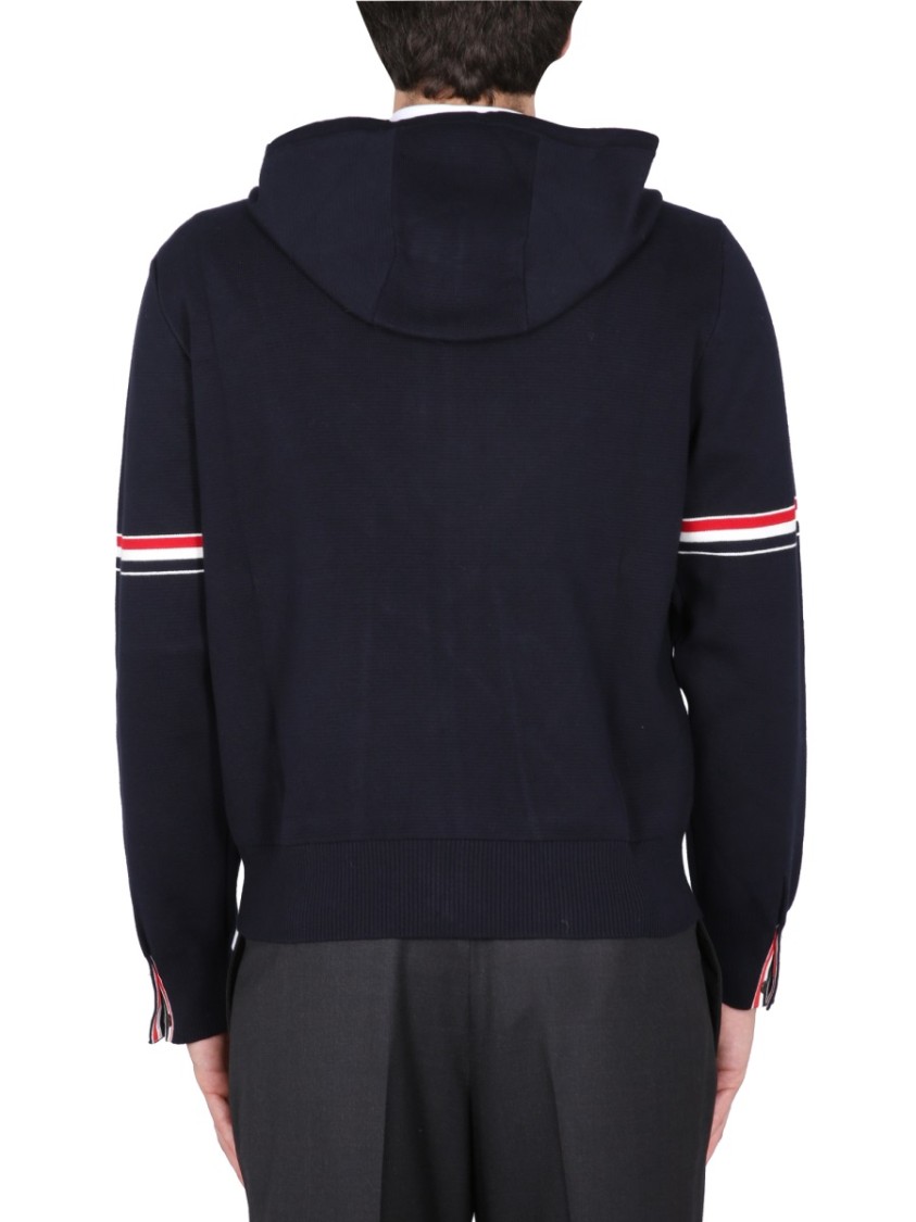 Thom Browne Zip-up Hoodie With Drawstring And Contrast Stripes In Blue