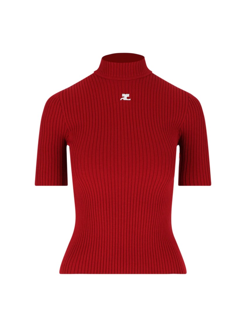 Courrèges Short Sleeve Ribbed Mock Neck Sweater In Red