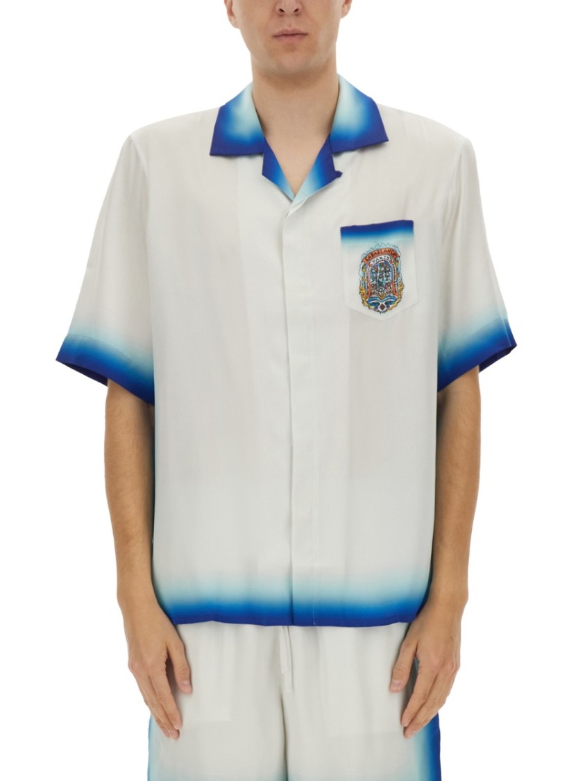 Casablanca White Shirt With Cuban Collar And Maxi Logo Printed On The Back In Silk Man In Multicolor