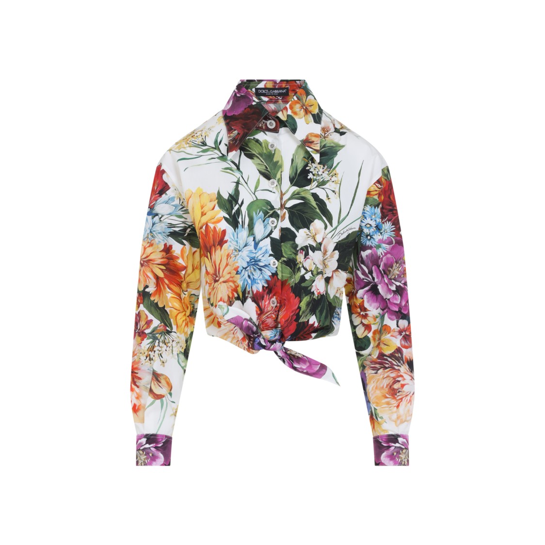 Dolce & Gabbana Multicolor Cropped Shirt With Tie Closure On The Front And All-over Floral Print In Cotton Woman
