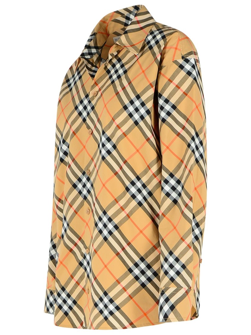 Burberry Beige Shirt With Classic Collar And All-over Check Motif In Cotton Woman In Brown