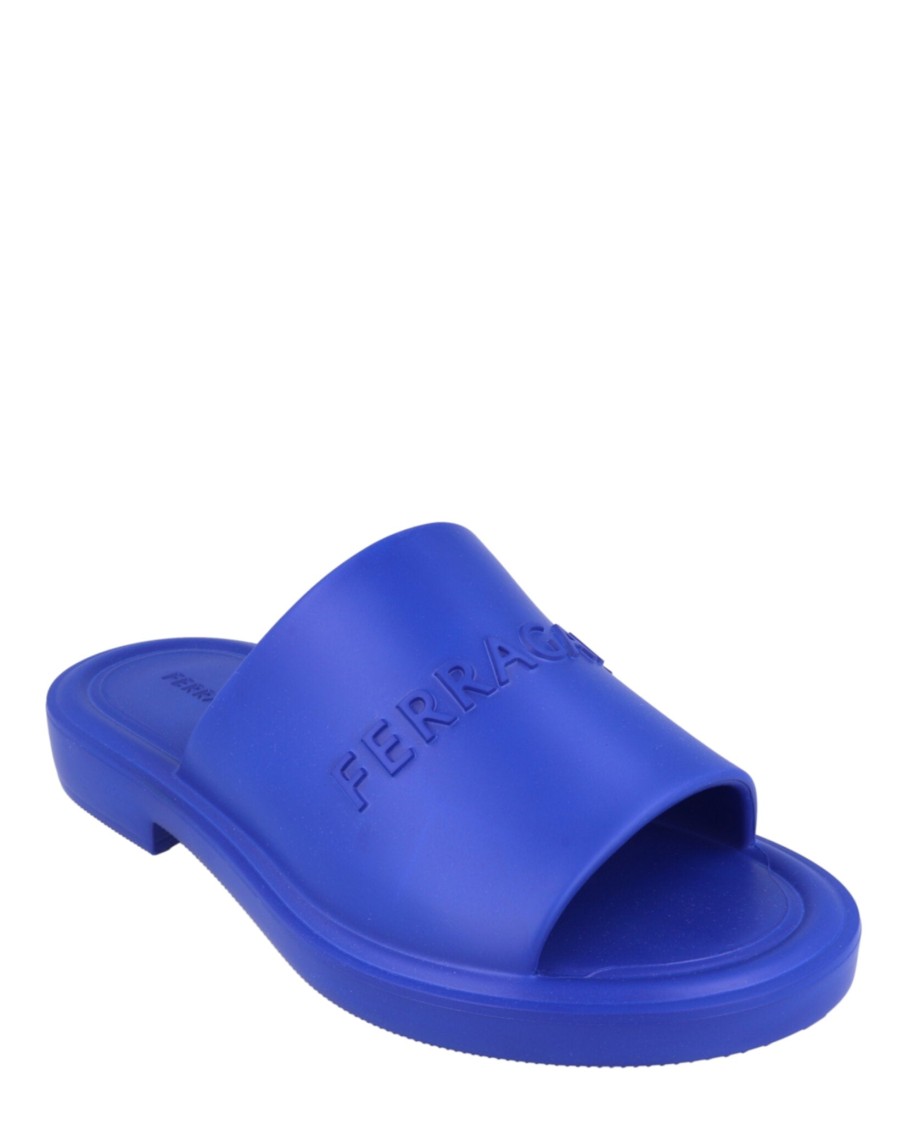 Ferragamo Giuneva Logo Embossed Slides In Blue
