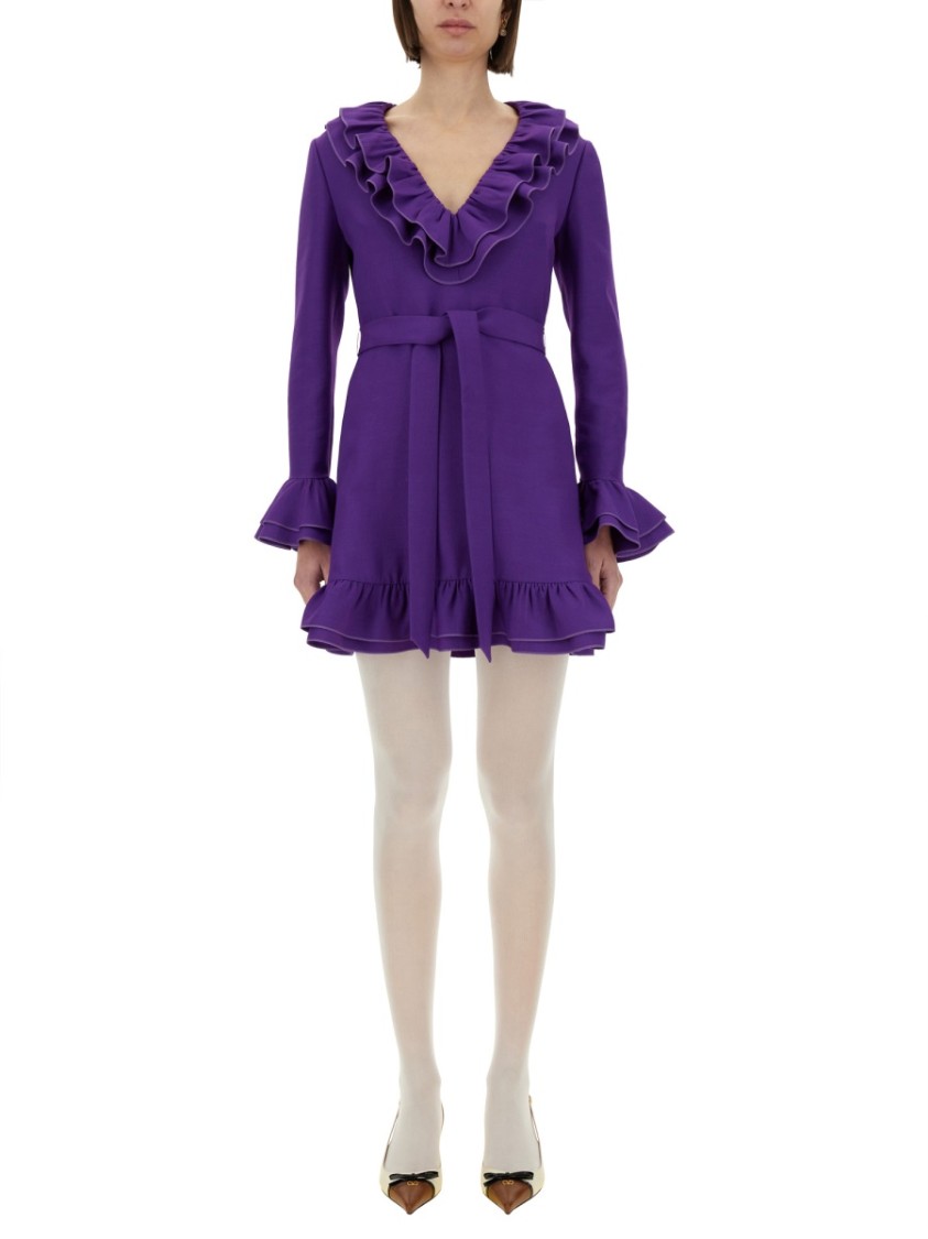 Valentino Garavani Purple Short Dress With V-neck And Ruffles In Virgin Wool And Silk Blend Woman