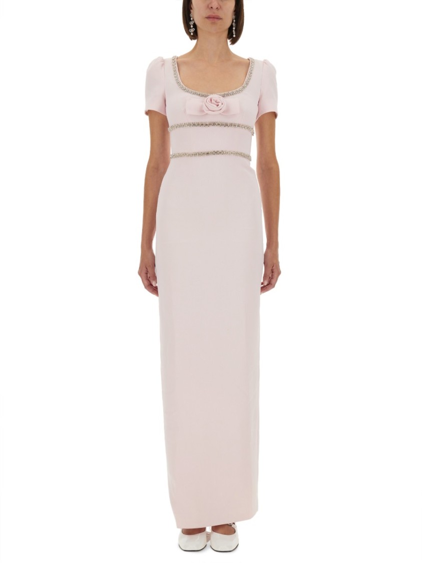 Self-portrait Long Crepe Dress With Puff Sleeves In Neutral