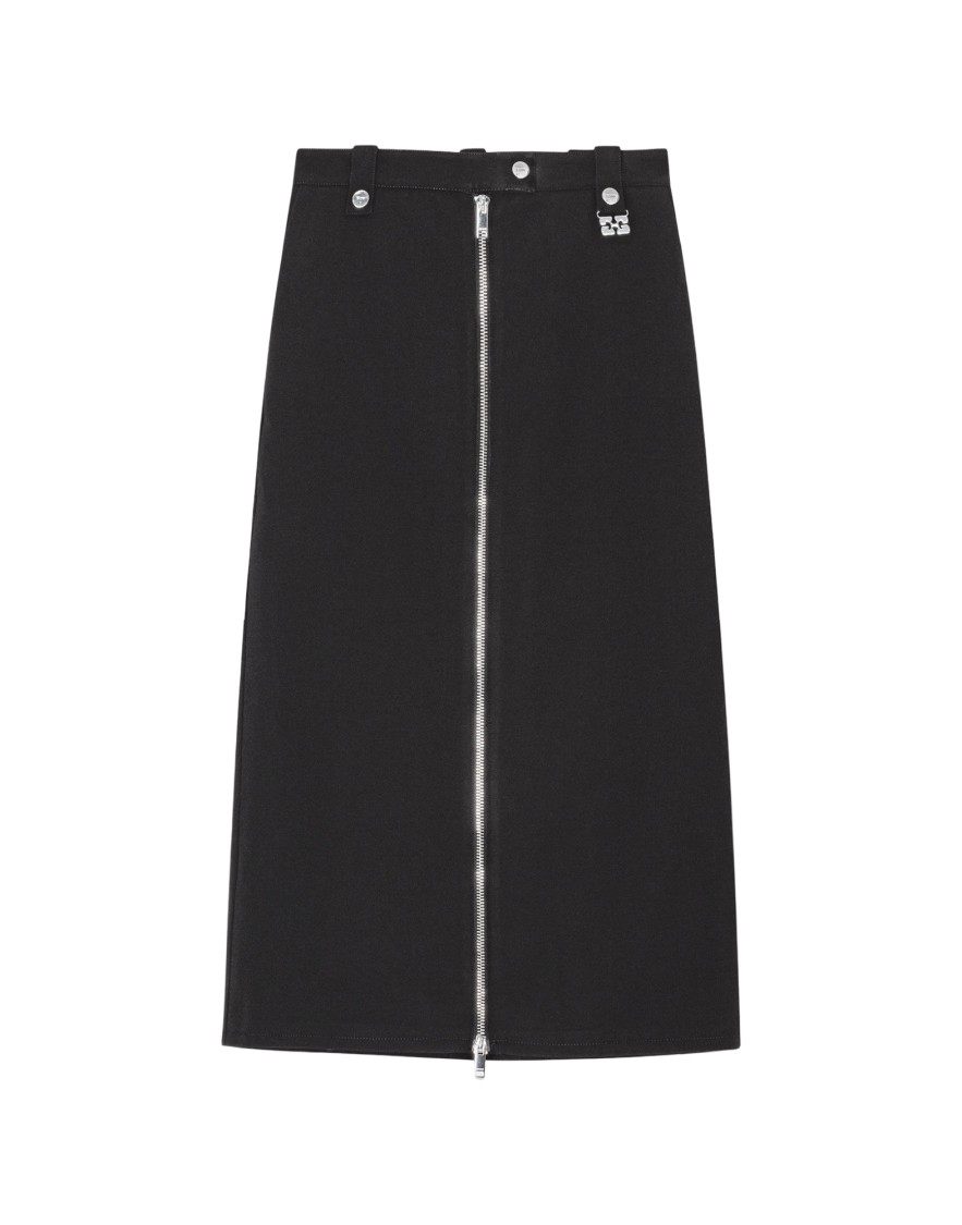 Ganni Zip-up Crepe Midi Skirt In Black
