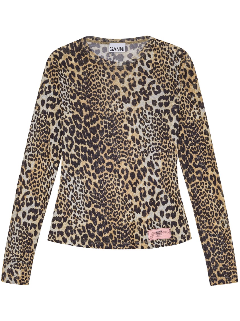 Ganni Leopard Print Long Sleeve Top With Textured Finish In Brown