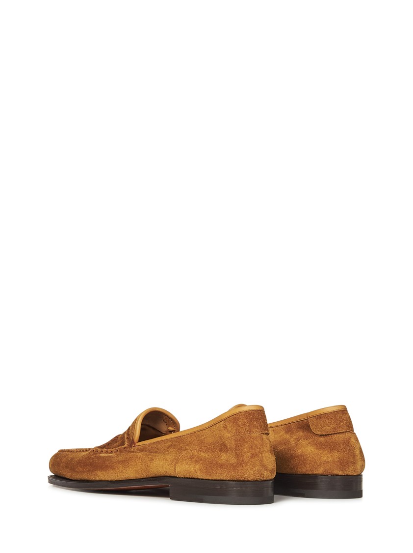 John Lobb Tobacco Suede Pace Loafers With Almond Toe And Stacked Heel