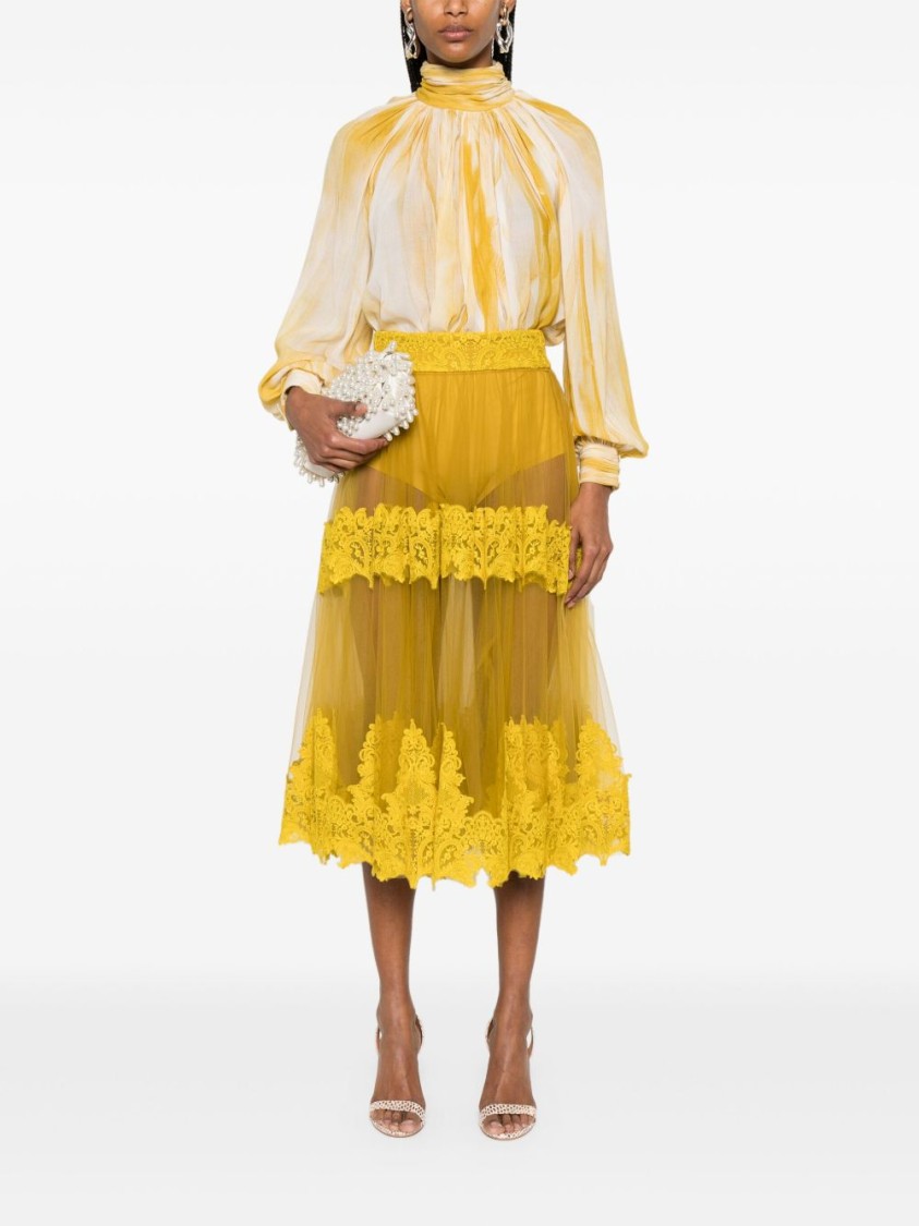 Elisabetta Franchi White And Mustard Yellow Blouse With Mock Neck