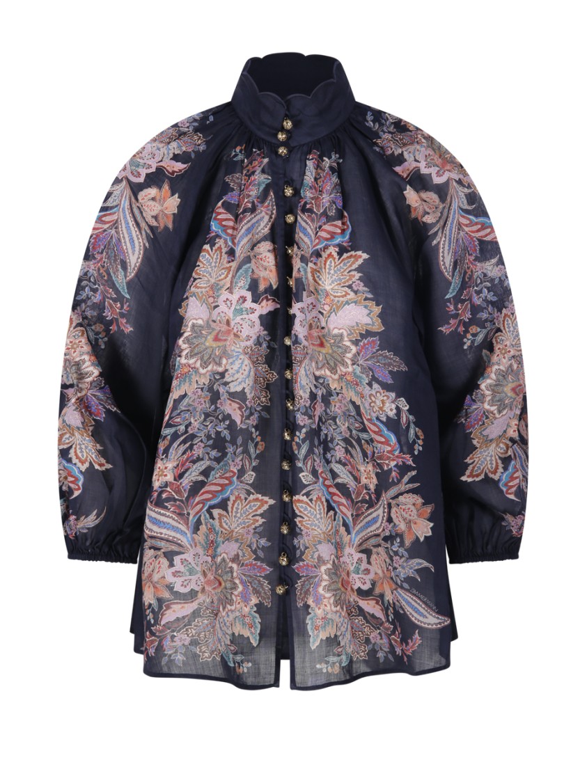 Zimmermann Rhiannon Billow Blue Blouse With High Neck And All-over Paisley Print In Ramie Woman In Blue
