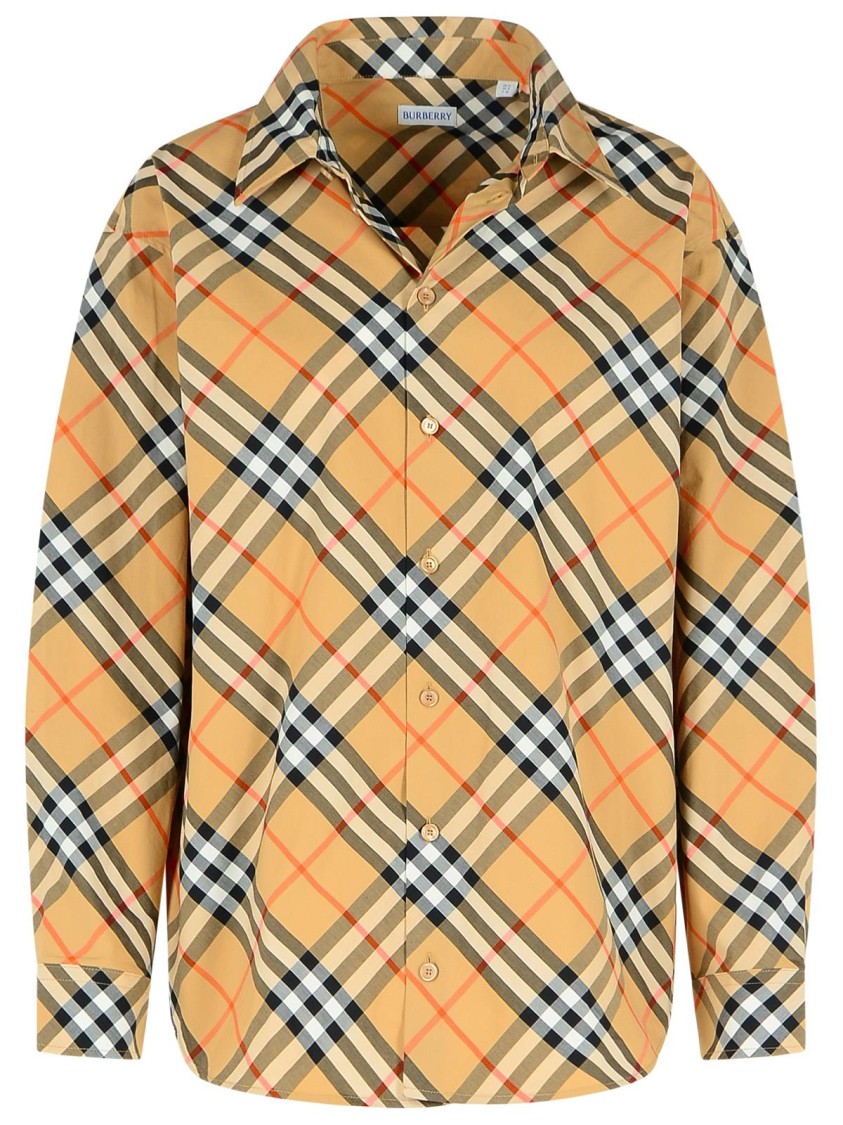 Burberry Beige Shirt With Classic Collar And All-over Check Motif In Cotton Woman In Brown