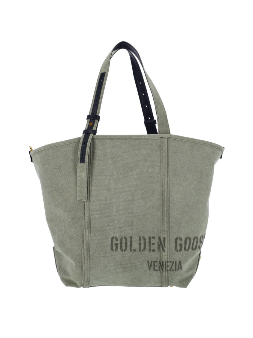 Golden Goose Spacious Green Cotton Tote With Leather Accents In Green