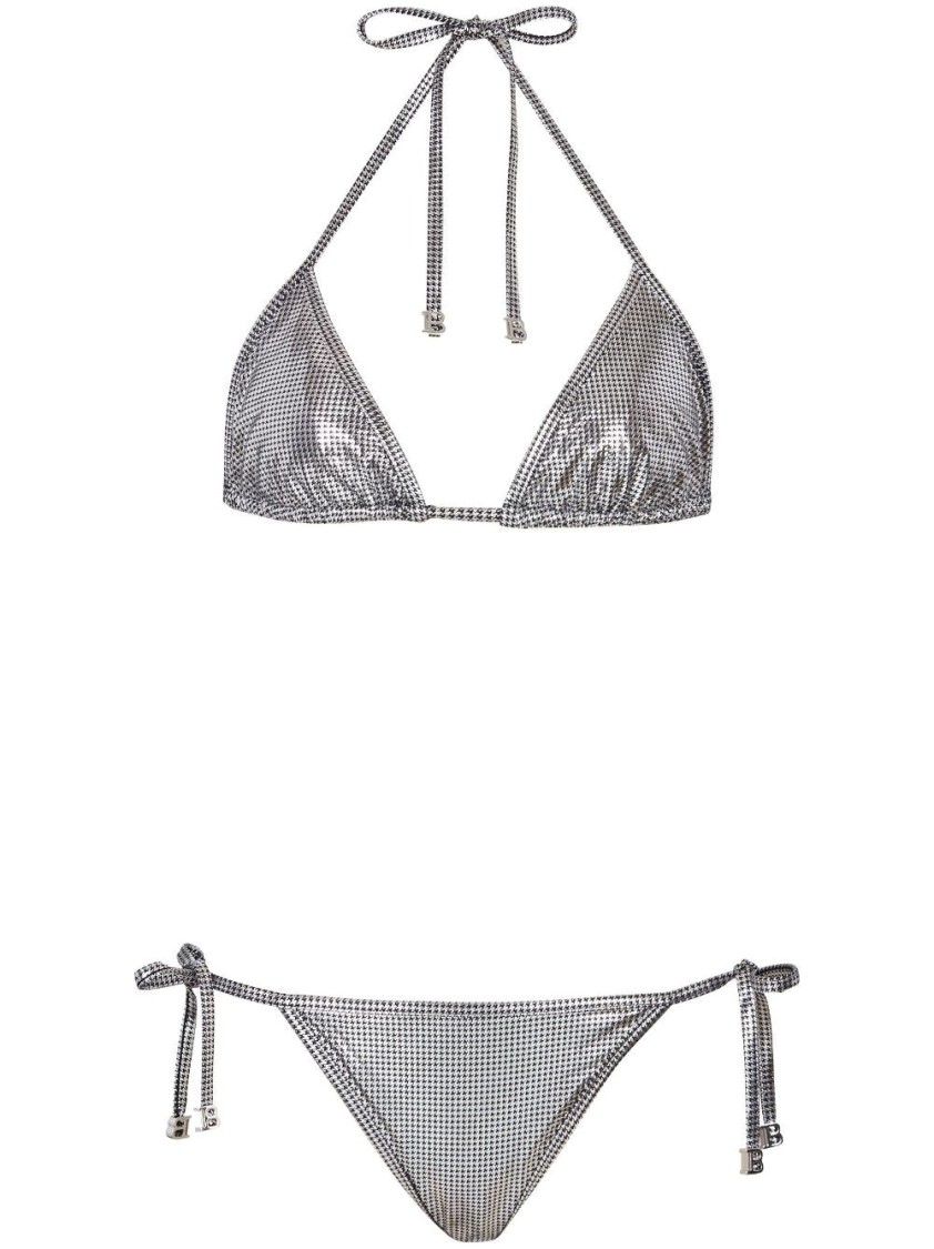 Balmain Triangle Bikini With Subtle Check Pattern In Silver