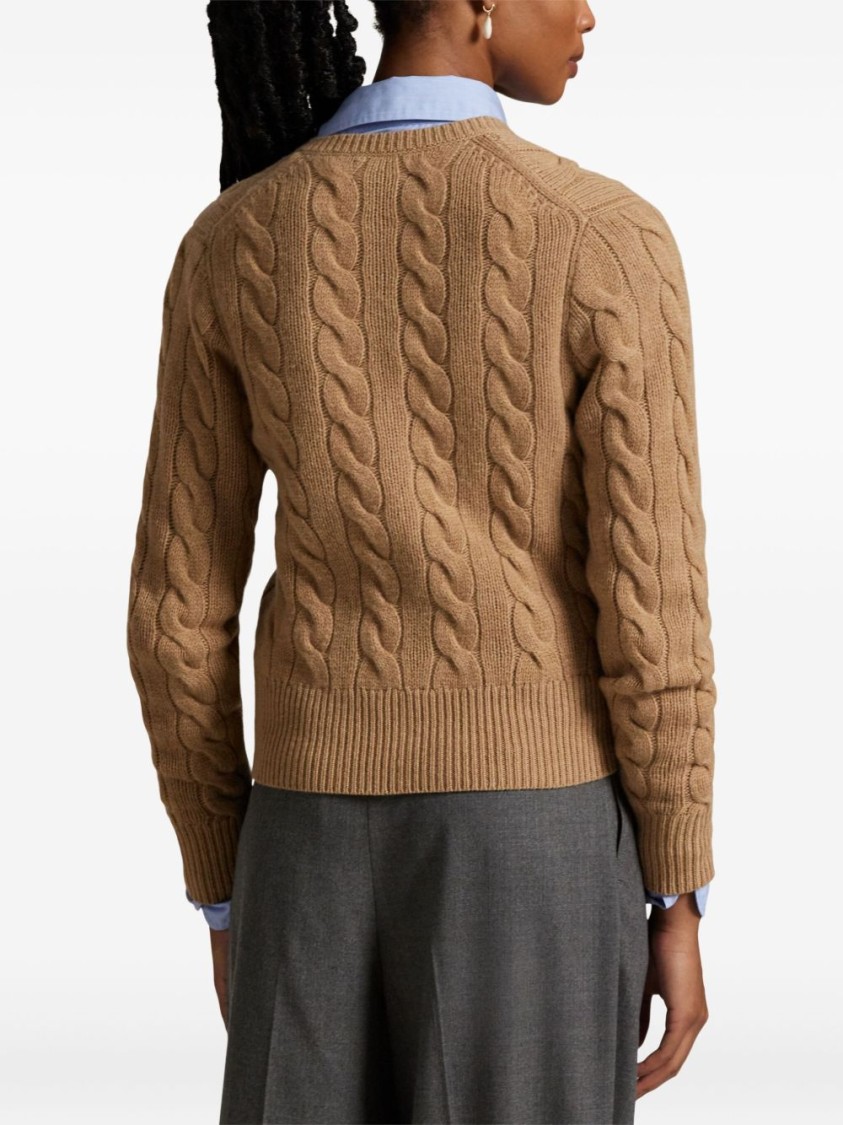 Polo Ralph Lauren Cropped Cable Knit Sweater With Button-down Front In Brown